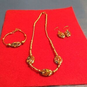 Millefori Glass Artistan Necklace Bracelet and Earrings Gold Tone Metal and Bead